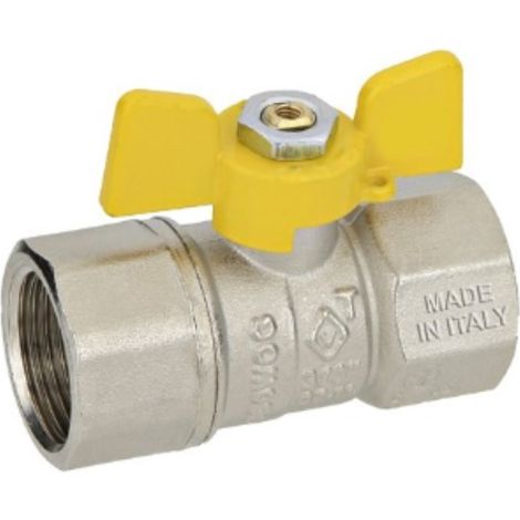 VALVOLA PER GAS A SFERA DRITTA - RACCORDO F1xF1 - CON FARFALLA ON-OFF GIALLA