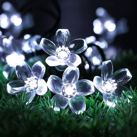 Guirnalda de luces solares LED con forma de flor de cerezo, 20 LED, 5 m, para exteriores, 8 modos, impermeable, para jardín, patio, fiestas, decoración navideña, color blanco. (1/5)