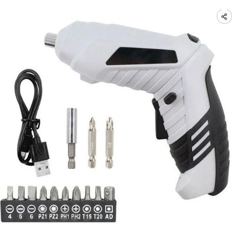 Tournevis électrique sans fil pliable USB‑C, couleur blanche, avec câble de chargement et embouts, petit outil bricolage pour montage meuble dortoir étudiant