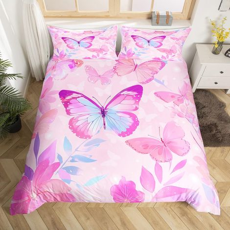 Parure de lit avec housse de couette 200 x 200 cm - Motif papillon rose - Plantes romantiques - Fleurs esthétiques - Pour enfants et adolescents - Décoration de chambre à coucher (1/5)