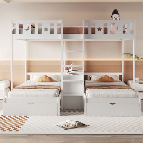 Letto a castello triplo in legno bianco 140x200 + 2x90x200 cm, con scala, cassetti e vani portaoggetti