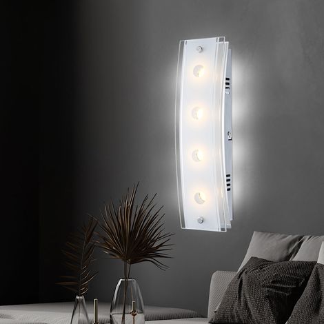 Wandlampe 4 Flammig Wandleuchte Chrom Wohnzimmerlampe Flurleuchte Glas teilsatiniert, Schalter, 4x LED 5W 200Lm warmweiß, LxBxH 33x9x6,5 cm