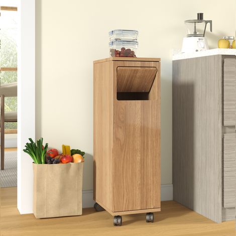 Meuble poubelle cuisine 24,2x35,1x80,2 cm avec porte et roulettes, cache-poubelle mobile en MDF effet bois naturel pour cuisine et salle à manger