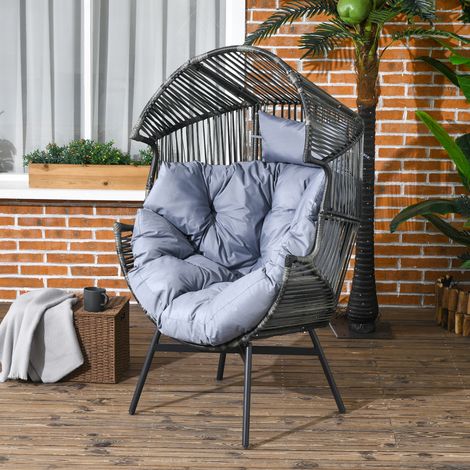 Fauteuil en rotin, fauteuil d'extérieur, fauteuil de jardin, rotin PE, 89 cm x 75 cm x 143 cm, gris et noir