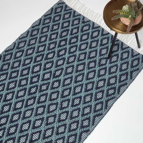 HOMESCAPES Tula Handwoven Teal & Navy Textured Rug, 90 x 150 cm