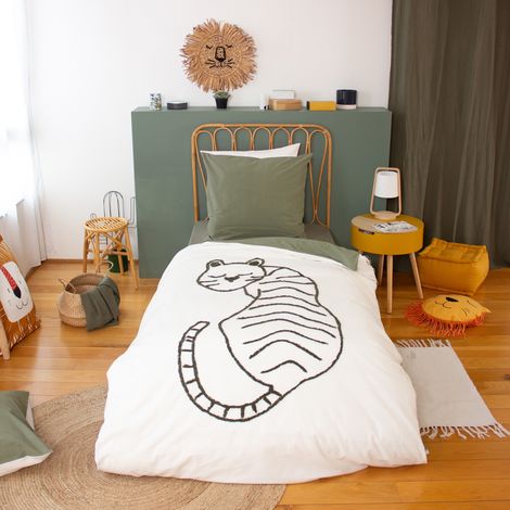Parure de lit enfant 140x200 cm TIGRE pur coton tufté kaki 2 pièces (1/5)