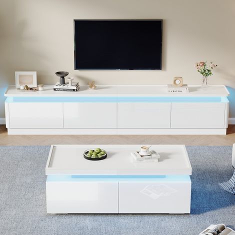 VVBV Ensemble meubles de salon, meuble TV, table basse, éclairage LED, finition brillante, Blanc (1/5)