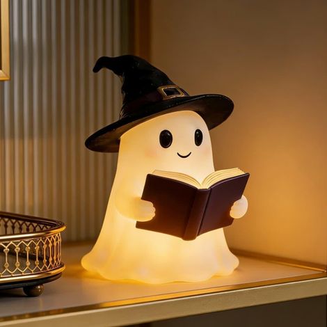 Veilleuse fantôme Halloween – Figurine 3D en résine, fantôme lisant un livre – Lampe de bibliothèque USB – Décoration amusante pour chambre et bureau (1/5)