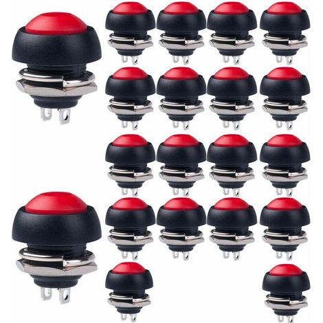 20 rote Mini-Momentan-Drucktaster (12 mm), wasserdicht, 1 A 250 V AC / 3 A 125 V AC, rund