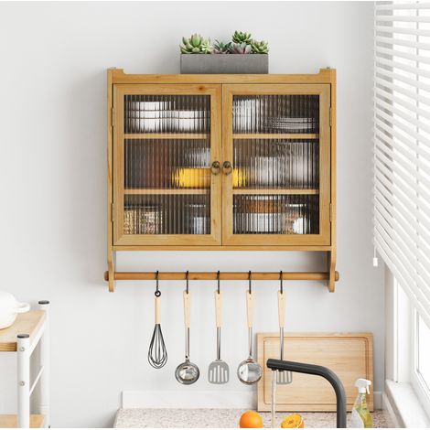 MEUBLIV Wandschrank 63 x 18 x 60 cm Natur – 2 Glastüren und Handtuchhalter (1/5)