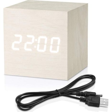 Réveil numérique blanc, micar bois lumière LED mini cube moderne réveil de bureau affiche heure date température pour enfants, chambre, maison, dortoir, voyage (blanc) (1/4)