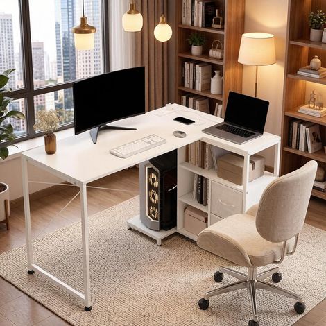 Ergonomischer Eck-Schreibtisch für Büro oder Heimbüro – Rechteckiger Arbeitstisch mit integrierter Steckdose, vielseitiges und modernes Design