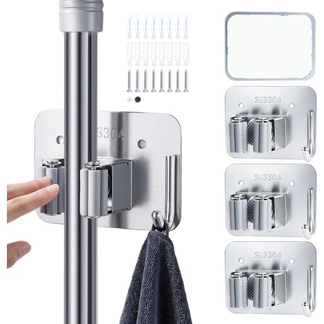 4 Pièces Porte Balai Mural,Auto Adhésif Accroche Balai Mural Sans Perçage,En Acier Inoxydable Robuste,Accroche Balais avec Crochets pour Cuisine Salle de Bain Jardin,Argenté (1/5)