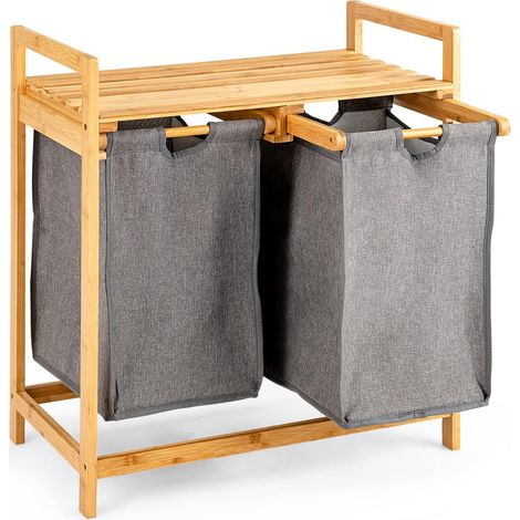 COSTWAY Cesto Portabiancheria in Bambù, Cesto della Biancheria Sporca con Doppio Scompartimento, con Borse Rimovibili e Mensola in Alto, 64 x 33 x 73 cm, Naturale (1/5)