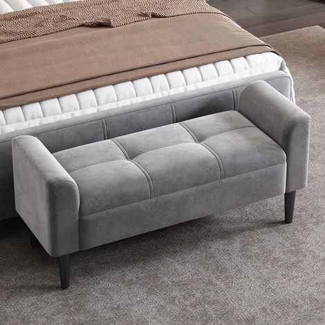 Chambre complète banc velours gris rembourré – Accoudoirs ergonomiques – Panneaux de fibres – Longueur 116 cm, Largeur 44 cm, Hauteur 56 cm (1/5)