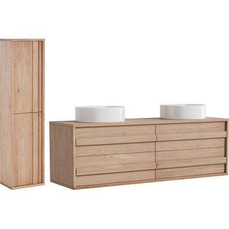 Meuble de salle de bain suspendu en chêne massif avec double vasque à poser ronde et colonne - Naturel clair - 150 cm - SARLO (1/4)