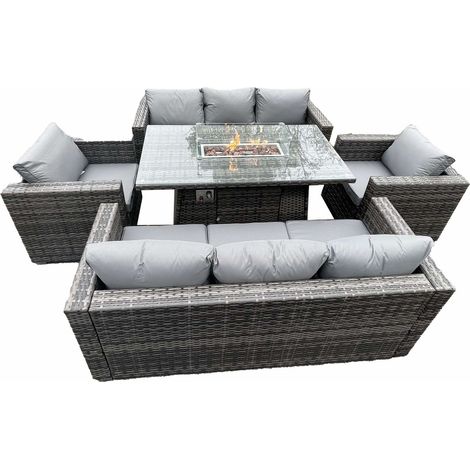 Fimous – Ensemble salon de jardin 8 places – Rotin PE gris foncé – Table à manger avec foyer à gaz 140x80cm – 2 canapés et 2 fauteuils (1/5)