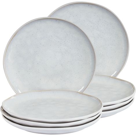 Conjunto de 8 platos llanos de gres caolín artesanal acabado esmalte reactivo gris claro Sesame