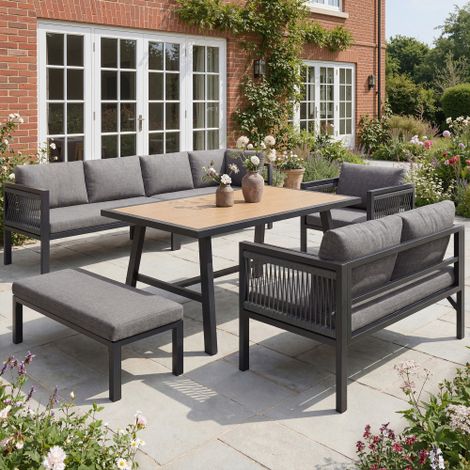 Salon de Jardin 6 Pièces - Canapé d'Angle avec dossier en corde tressée, fauteuil, pouf et table - Acier Galvanisé - Gris (1/5)