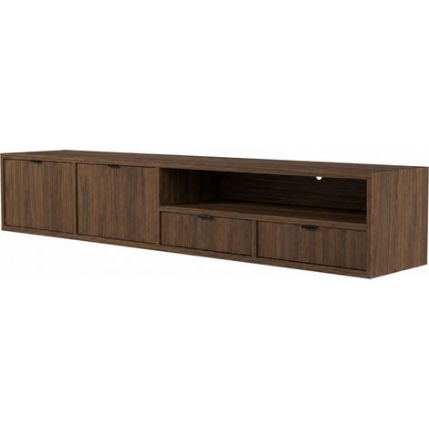 Mobile TV Sospeso Con 2 Ante A Ribalta 2 Cassetti E Vano A Giorno Con Passacavo Design Moderno Per Soggiorno Zona Living 200 X 55 X 40 Cm Noce (1/5)