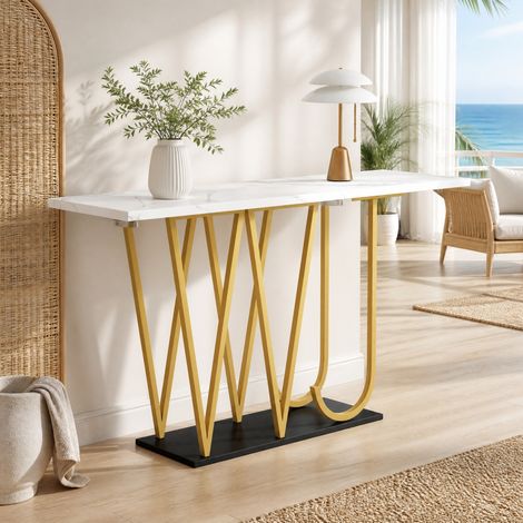 DESMIU Table de salle à manger rectangulaire avec plateau effet marbre, rangement ouvert, pieds métal, cuisine, 120 × 29,5 × 80 cm (1/5)
