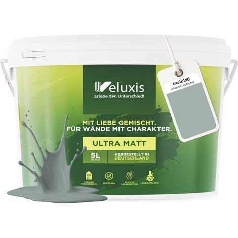 Peinture murale vert gris gris clair mate pour intérieur – pouvoir couvrant classe 1, sans COV, sans apprêt, à faible écoulement – salon et chambre – 5 L – Veluxis (Unique Eucalyptus)