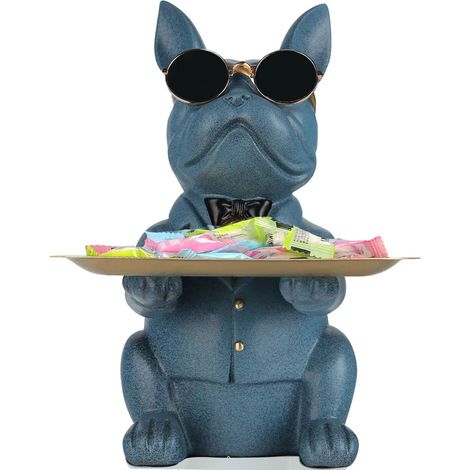 Statue de Rangement Bouledogue Bleu en Résine, Tirelire, Porte-clés, Décoration Maison, Plateau Multi-Objets, Idée Cadeau (1/5)