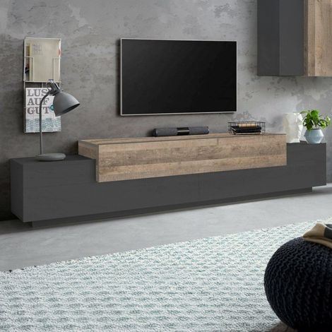 Meuble TV Nico, Buffet Bas de Salon, Base pour Meuble TV, 240x45h52 cm, Anthracite et Érable (1/5)