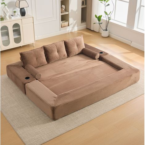 Divano letto 232x98x80 cm, trasformabile, con tasche laterali e portabicchieri, tessuto corduroy marrone (1/5)