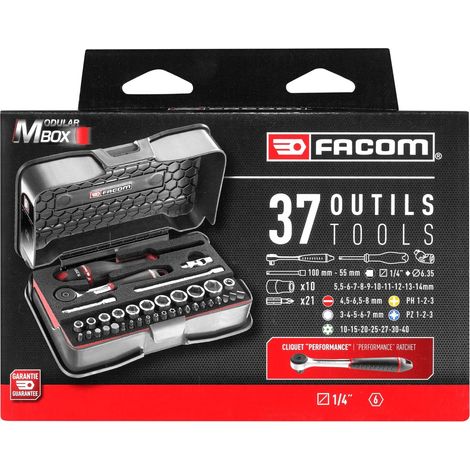 Geschenkset mit 37 Teilen, mit Ratsche und 1/4'' Sechskantnüssen FACOM 467BF.JP10