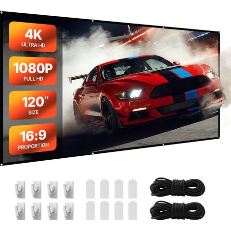 VEVOR Pantalla de Proyector de 3048 mm, 16:9, 4K, 1080 HD, para Montaje en Pared, Amplio Ángulo de Visión, con Ganchos y Cinta Adhesiva de Doble Cara, para Cine en Casa, Oficina y Aula, Blanco