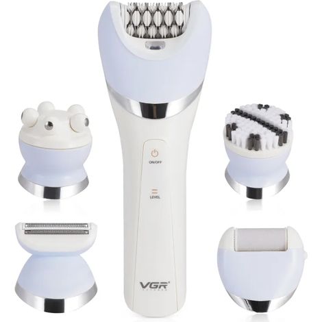 Épilateur électrique sans fil 5 en 1 pour femmes, utilisable sur peau sèche ou humide. Fonctions : épilation, rasage, exfoliation, nettoyage et massage. Deux vitesses disponibles. (1/5)