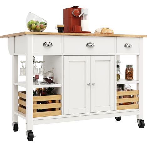 ELVMI Küchenwagen mit 1 Schublade, 1 Ausziehkorb, Verstellbarem Einlegeboden, Klappbarer Platte und Rollen, aus MDF, Natur und Weiß (1/5)