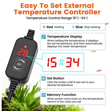Chauffage Submersible pour Aquarium avec Thermostat Externe Réglable et Affichage Digital LED pour Poisson et Tortue 30W