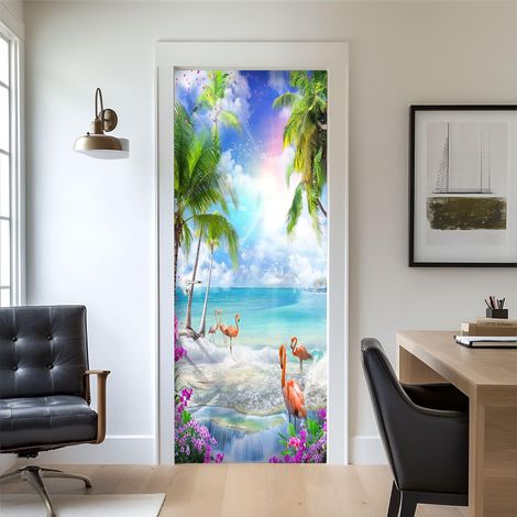 3D Flamants roses au coucher du soleil Autocollant Porte Affiche pour Cuisine Chambre Salle de Bain Auto-adhésif Amovible Murale Décoration 77X200cm (1/5)