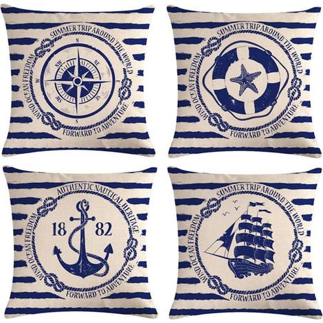 4 pièces housse de coussin voile Navigation boussole housse de coussin décorative coton lin jeter taies d'oreiller 45x45 cm (1/5)