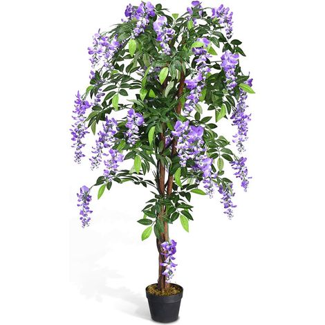 GOPLUS Plante Artificielle en Pot Hauteur 150CM, Art Faux Bonsaï Decoration en Plastique, Simulation Decorations Paysager a Interieur ou Exterieur (Arbre a Fleurs) (1/5)
