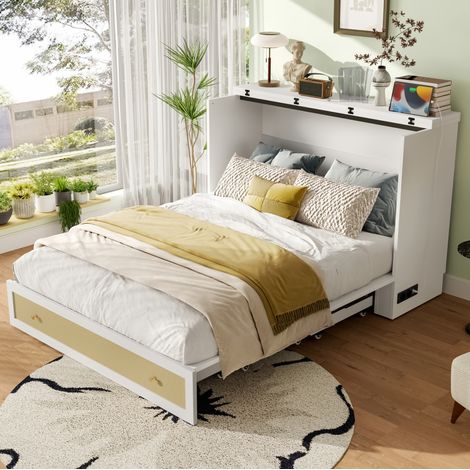 Lit escamotable 140x200 cm avec tiroirs, ports USB et Type-C, en bois blanc, sans matelas (1/5)