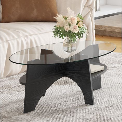 Table d'appoint ovale 104,9x60x35,6 cm noire en MDF et verre trempé, design minimaliste avec base à éventail (1/5)