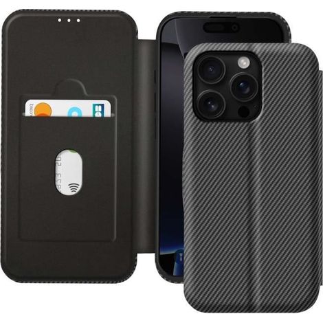 Étui pour smartphone - iPhone 16 Pro Max - Fibre Carbone - Support Vidéo - Anti-RFID Noir (1/5)