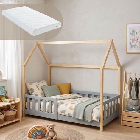 Hausbett Hesel mit Matratze und Rausfallschutz 80x160 cm Grau/Natur [en.casa] (1/5)