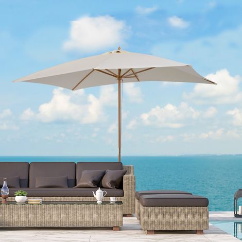 Parasol rectangulaire bi-toit en bois et polyester haute densité, 3 x 2 m, teinte crème, droit et résistant, idéal pour terrasse et jardin (1/5)