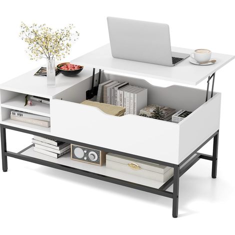 Costway – Table basse relevable avec rangement – Mécanisme à vérins à gaz – Compartiment caché et étagère amovible – Cadre en métal blanc – Dimensions 100x49,5x61 cm (1/5)