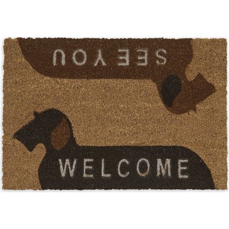 Relaxdays Felpudo Entrada Casa Welcome/See You, Alfombrilla Puerta Perro, Tapete Coco 60x40 cm, Base PVC, Marrón Natural