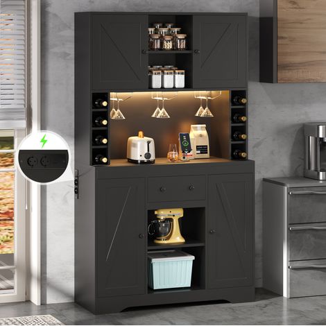 Buffet de cuisine 180/105/40 cm noir avec LED, prises intégrées et porte-verres (1/5)