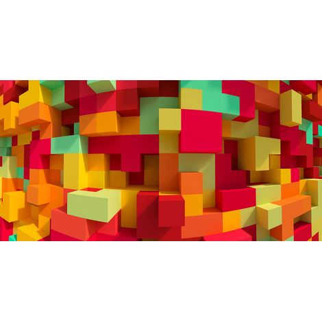 Papier peint panoramique géométrique multicolore | Tapisserie panoramique trompe l'oeil cube | Papier peint panoramique original chambre ado & enfant - 250 x 500 cm (5 pièces) (1/2)