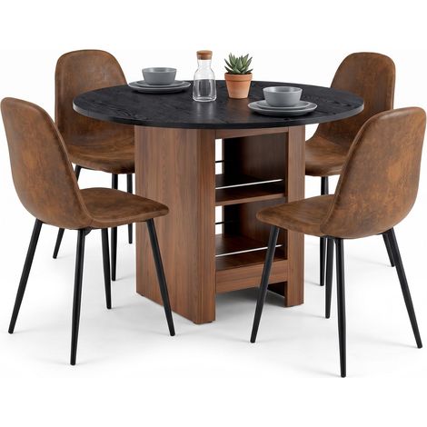FurnitureR Runde Essgruppe mit Stauraum Tisch und 4 Stühlen Braun 100 cm Rundtisch mit integriertem Stauraum und 4 Stühlen in Wildlederoptik für modernes Wohnen (1/5)