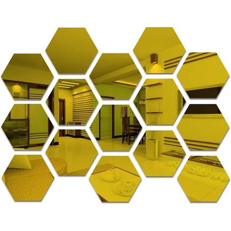 Set de 15 miroirs acryliques hexagonaux dorés - carreaux muraux autocollants de 9cm, déco chambre et salon, adhésifs faciles à poser (1/5)