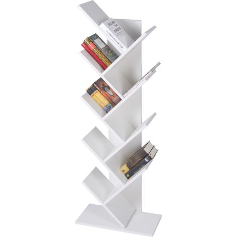 ML DESIGN Libreria con 8 Livelli a Forma di Albero in Legno 50 x 25 x 140 cm Bianco Robusto e Resistente ai Graffi Scaffale da Pavimento per Libri Mensola a Piantana per Soggiorno Ufficio Studio