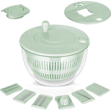 Essoreuse à salade de 4,5 L avec coupe-légumes - pour laver, essorer, trancher avec couvercle, avec 5 inserts de coupe + 1 insert de jus, grand saladier